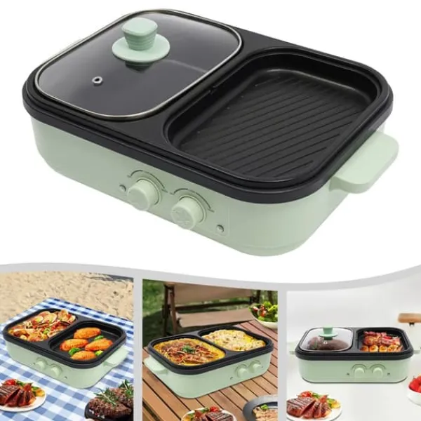 Griller>Elektrisk hot pot & stegepande, 2-i-1, 1300 W, dobbelt temperaturkontrol, overophedningsbeskyttelse & automatisk slukning, grøn