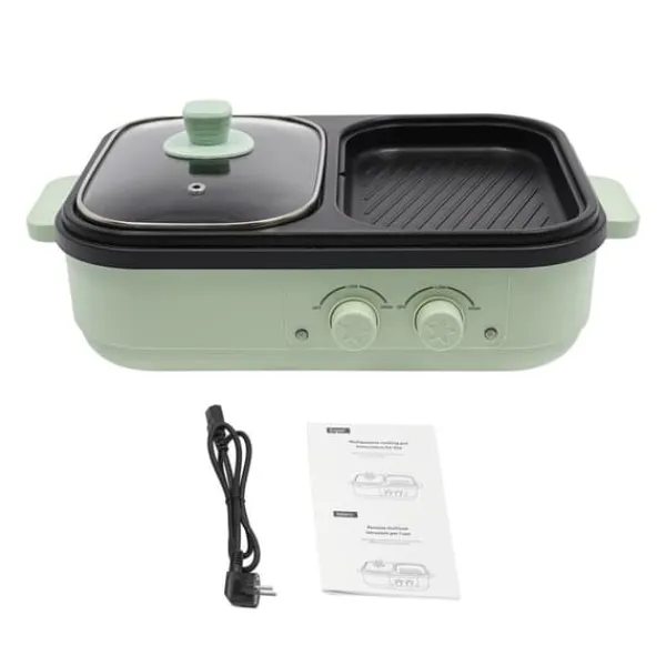 Griller>Elektrisk hot pot & stegepande, 2-i-1, 1300 W, dobbelt temperaturkontrol, overophedningsbeskyttelse & automatisk slukning, grøn