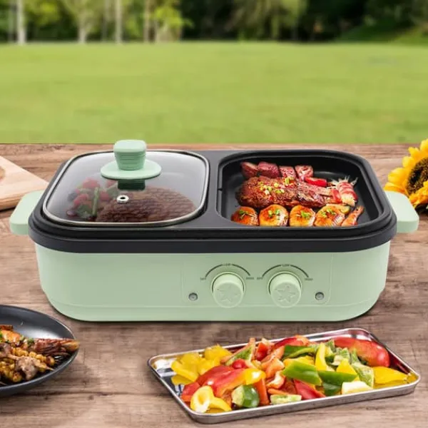 Griller>Elektrisk hot pot & stegepande, 2-i-1, 1300 W, dobbelt temperaturkontrol, overophedningsbeskyttelse & automatisk slukning, grøn