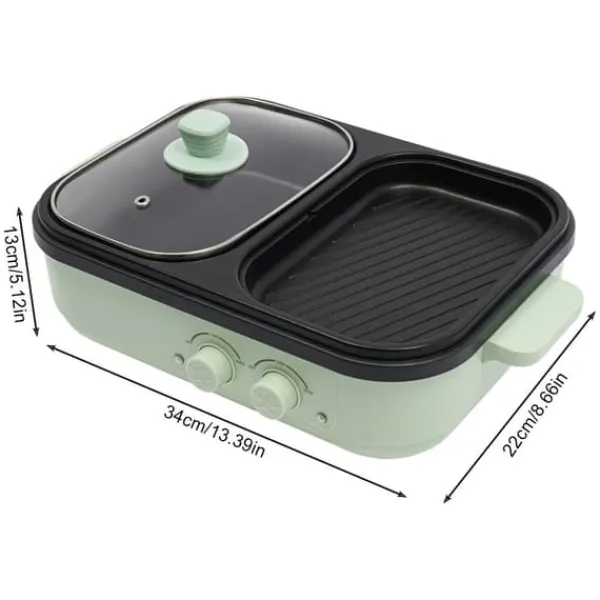 Griller>Elektrisk hot pot & stegepande, 2-i-1, 1300 W, dobbelt temperaturkontrol, overophedningsbeskyttelse & automatisk slukning, grøn