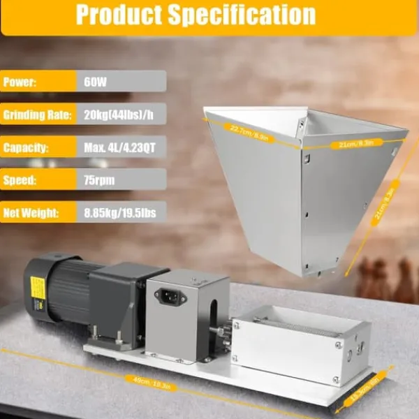 Elektrisk kornkværn - DY-168-60W - Foderkværn til majs/hvede/bønner, Rustfrit stål & aluminiumlegering, Ren kobbermotor, 220/110V, 12 TPI - Sølv Hot