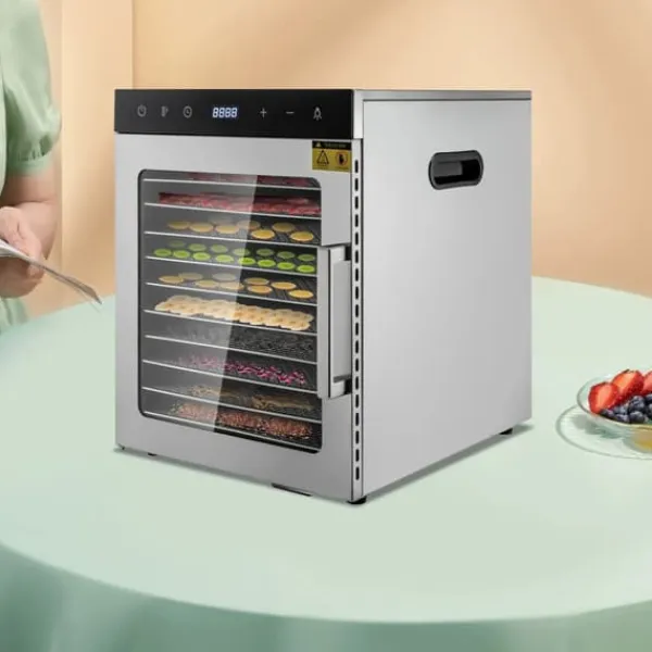 Elektrisk Madtørrer - Dehydrator - 10 Rustfri Stålbakker - 800 W - Digital Temperatur 30–90 °C - Timer 0,5–24 t - Rustfrit Stål - Lysegrå New