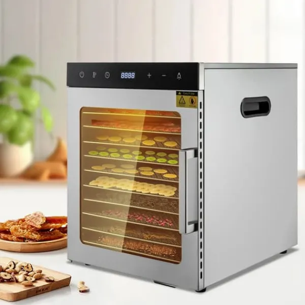 Elektrisk Madtørrer - Dehydrator - 10 Rustfri Stålbakker - 800 W - Digital Temperatur 30–90 °C - Timer 0,5–24 t - Rustfrit Stål - Lysegrå New