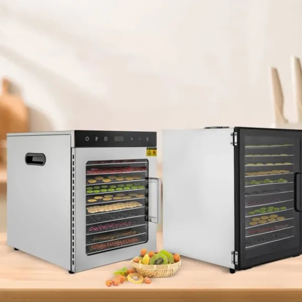Elektrisk Madtørrer - Dehydrator - 10 Rustfri Stålbakker - 800 W - Digital Temperatur 30–90 °C - Timer 0,5–24 t - Rustfrit Stål - Lysegrå New
