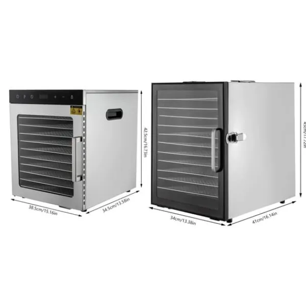 Elektrisk Madtørrer - Dehydrator - 10 Rustfri Stålbakker - 800 W - Digital Temperatur 30–90 °C - Timer 0,5–24 t - Rustfrit Stål - Lysegrå New