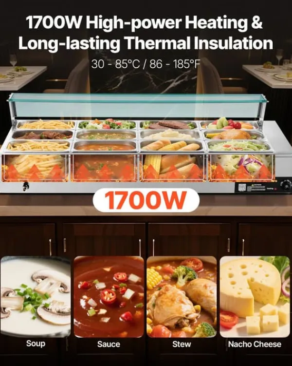 Elektrisk Madvarmer - Bain Marie Varmebad Buffet - 1700 W - 12 Bakker - Rustfrit Stål - Glaslåg Best
