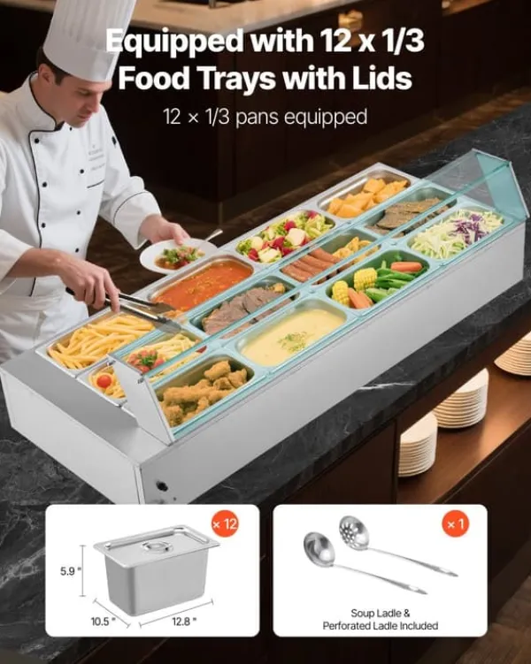 Elektrisk Madvarmer - Bain Marie Varmebad Buffet - 1700 W - 12 Bakker - Rustfrit Stål - Glaslåg Best