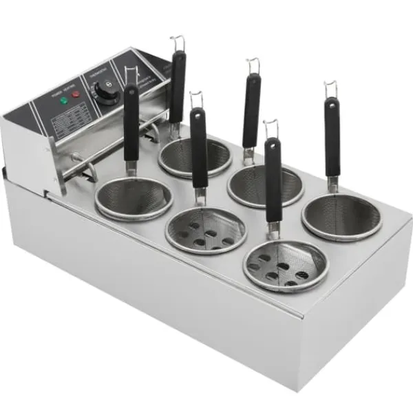 Madlavningsmaskiner>Elektrisk nudelkoger - 6-huls - 2000 W - 20 L - Termostat 60–200 °C - EU-stik - Rustfrit stål - Sølv
