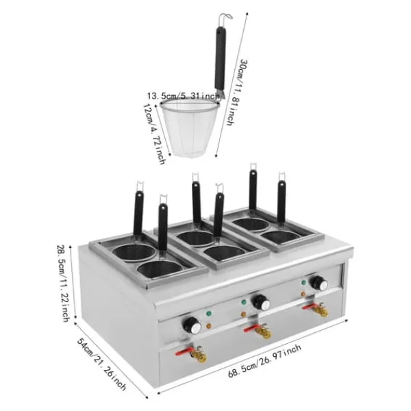 Madlavningsmaskiner>Elektrisk pastakoger - Nudelkoger - 6-huls - 9 l - 2,5 kW - 220 V 50 Hz - 30–110 °C - Rustfrit stål 201