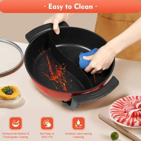 Elektriske Stegepander & Wokker>Elektrisk Shabu Hot Pot - Gryde med opvarmningsbase - 1360 W - 6 L kapacitet - Dobbeltkammer 2 rum - 220 V - Til familie og restaurant