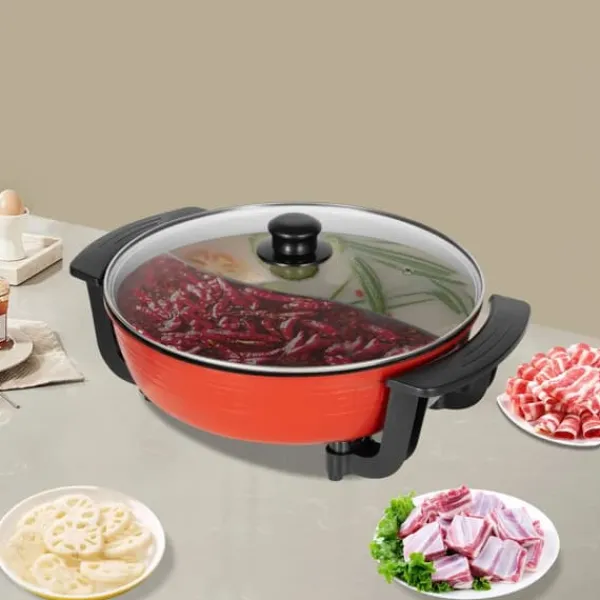 Elektriske Stegepander & Wokker>Elektrisk Shabu Hot Pot - Gryde med opvarmningsbase - 1360 W - 6 L kapacitet - Dobbeltkammer 2 rum - 220 V - Til familie og restaurant