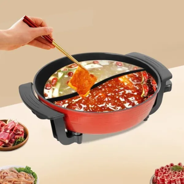 Elektriske Stegepander & Wokker>Elektrisk Shabu Hot Pot - Gryde med opvarmningsbase - 1360 W - 6 L kapacitet - Dobbeltkammer 2 rum - 220 V - Til familie og restaurant