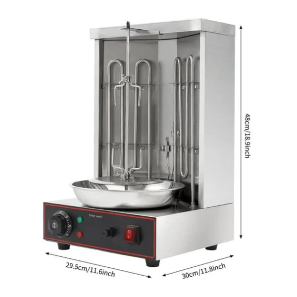 Grill-Ovne & Ovn Med Roterende Stegespyd>Elektrisk shawarma- og kebabgrill - Vertikal - 3000 W - 50–300 °C Justerbar Temp - 360° Automatisk Rotation - Rustfrit Stål 201 - Sølv