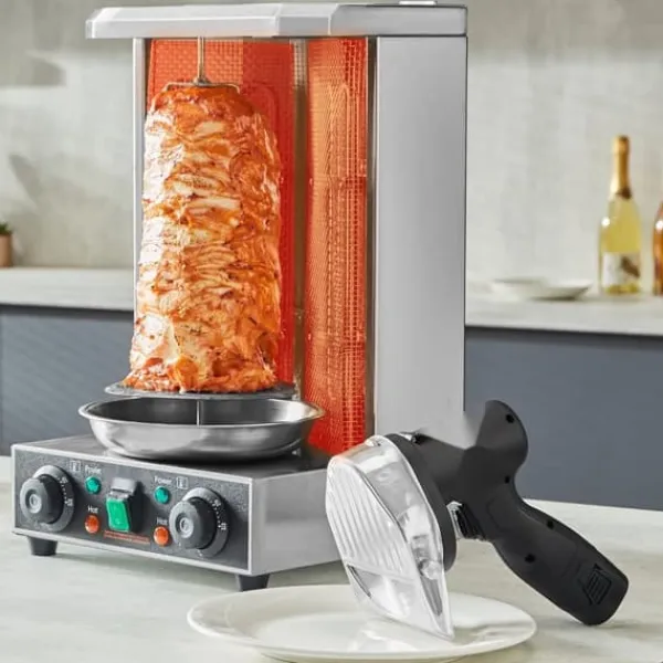 Elektrisk shawarma-kniv, trådløs, til Tyrkisk döner kebab. Effektiv kødskærer med 2 blades. Perfekt til madlavning!