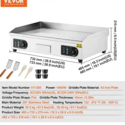 Elektrisk stegeplade, 73x40x1 cm, rustfrit stål, justerbar temperatur Best