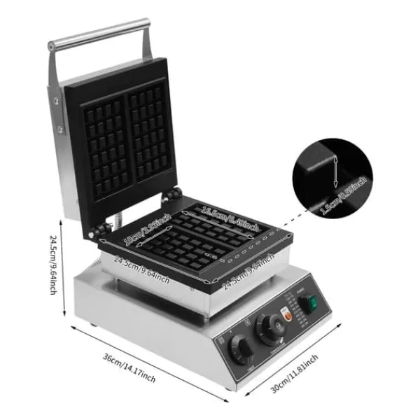 Vaffeljern>Elektrisk vaffeljern - Professionel - Dobbelt, rektangulær - 2000 W - Temperatur 50–300 °C - Timer 0–5 min - Støbt aluminium & rustfrit stål