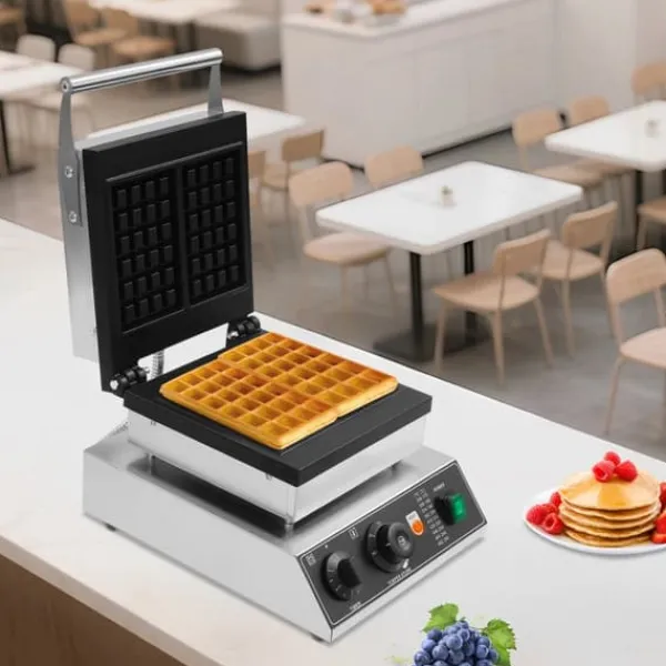 Vaffeljern>Elektrisk vaffeljern - Professionel - Dobbelt, rektangulær - 2000 W - Temperatur 50–300 °C - Timer 0–5 min - Støbt aluminium & rustfrit stål