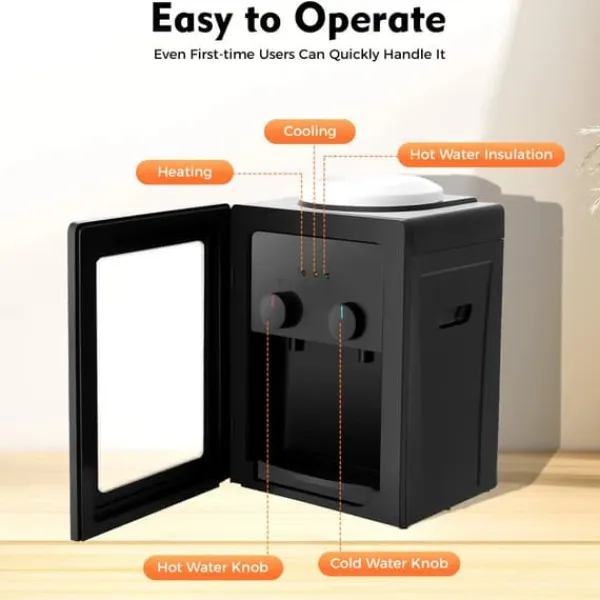 Vandkølere>Elektrisk vanddispenser/vandkøler - Bordmodel - Varm & kold, Topbetjent, 220V 50Hz, 550W/75W, Til 3,5–18,9 L dunke - Sort