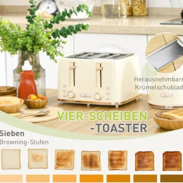 Elkedel>Elkedel & brødrister sæt, 1,7 L, 4 skiver, 7 indstillinger, optøning/opvarmning, auto-sluk, beige