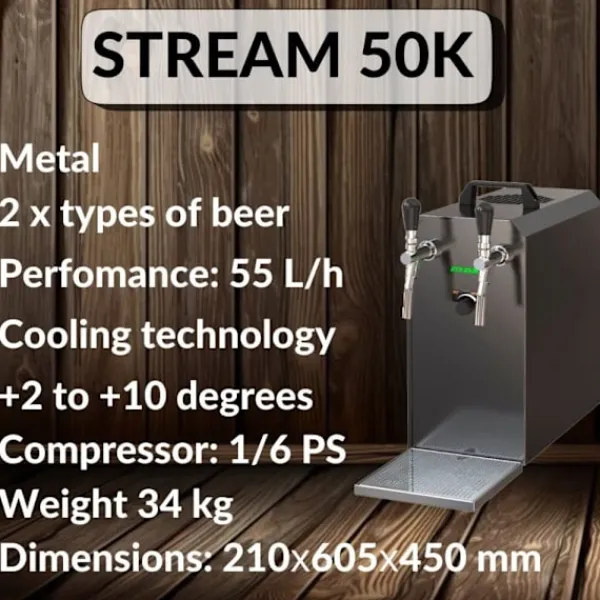 Ølhaner>fadølsanlæg STREAM 50K med luftpumpe, ølkasse, gennemstrømningskøler 2-linjers tørkøler , op til 55 liter/h - SORT UDGAVE