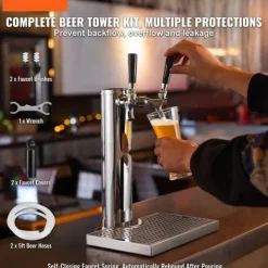 Fadølstårn med dobbelte vandhaner, rustfrit stål, Kegerator Tower Kit med formonterede slanger og selvlukkende vandhane til fest og bar