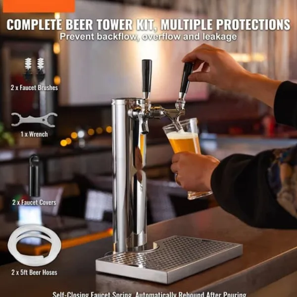 Fadølstårn med dobbelte vandhaner, rustfrit stål, Kegerator Tower Kit med formonterede slanger og selvlukkende vandhane til fest og bar
