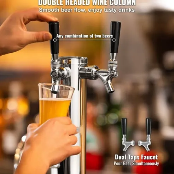 Fadølstårn med dobbelte vandhaner, rustfrit stål, Kegerator Tower Kit med formonterede slanger og selvlukkende vandhane til fest og bar