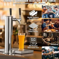 Fadølstårn med dobbelte vandhaner, rustfrit stål, Kegerator Tower Kit med formonterede slanger og selvlukkende vandhane til fest og bar