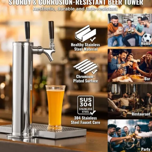 Fadølstårn med dobbelte vandhaner, rustfrit stål, Kegerator Tower Kit med formonterede slanger og selvlukkende vandhane til fest og bar