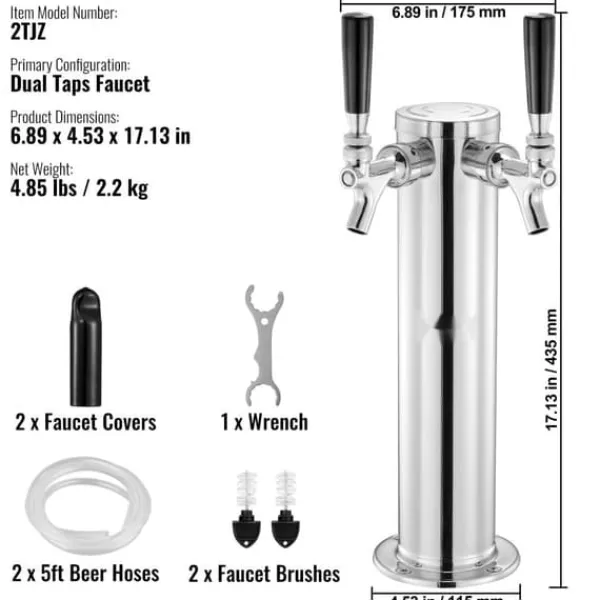 Fadølstårn med dobbelte vandhaner, rustfrit stål, Kegerator Tower Kit med formonterede slanger og selvlukkende vandhane til fest og bar