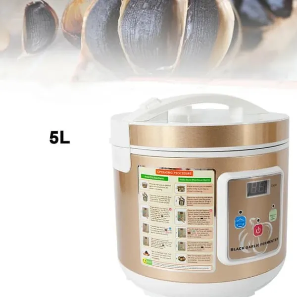 Madlavningsmaskiner>Fermenter til sort hvidløg - Fuldautomatisk - Kapacitet 5 l - Effekt 90 W - Gæring 12–15 dage - Temperatur 30–85 °C - Slip-let belægning - Guld