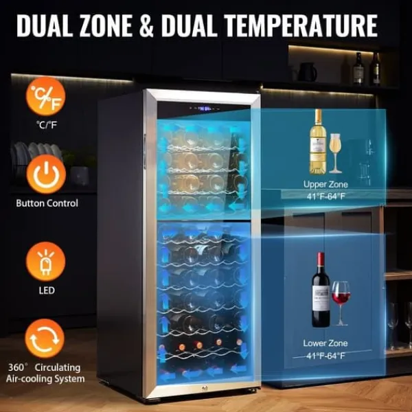 Vinkøleskabe>80-flaske vinkøler, Dual Zone fritstående køleskab, LED-belysning, effektiv opbevaring, moderne design.