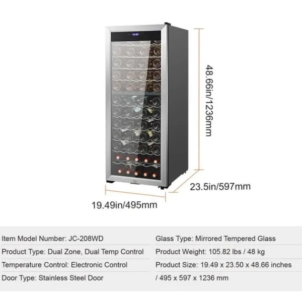 Vinkøleskabe>80-flaske vinkøler, Dual Zone fritstående køleskab, LED-belysning, effektiv opbevaring, moderne design.