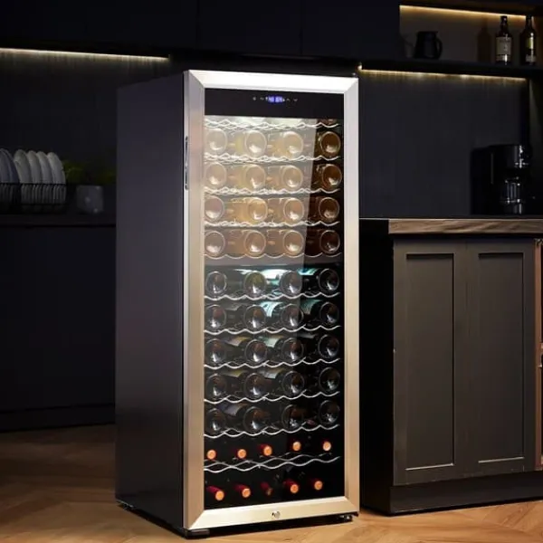 Vinkøleskabe>80-flaske vinkøler, Dual Zone fritstående køleskab, LED-belysning, effektiv opbevaring, moderne design.