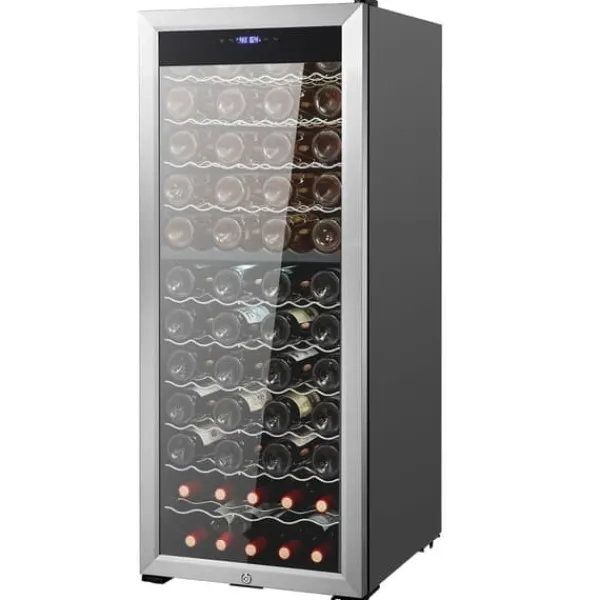 Vinkøleskabe>80-flaske vinkøler, Dual Zone fritstående køleskab, LED-belysning, effektiv opbevaring, moderne design.