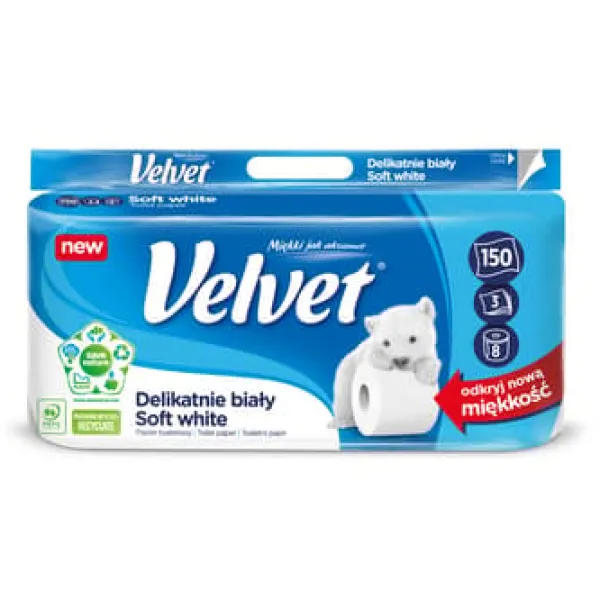 Toiletpapir>Fløjlsblødt hvidt toiletpapir 8 ruller, 3 lag