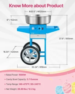 Maskiner Til Candyfloss>Flossmaskine, 1000W effekt, 3,7 ounces kapacitet, 20,5 tommer skål,Blå
