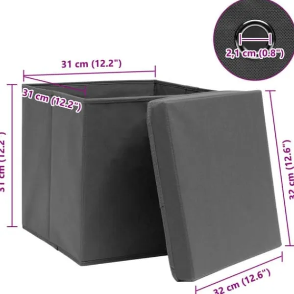 Opbevaringsæsker Til Hjemmet>Foldbare opbevaringskasser med låg - 10 stk. | Farve: Grå | Størrelse: 32x32x32 cm