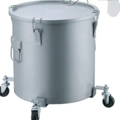 Friture-fedtfjerner: 8 gal oliebeholder med hjul, rustbeskyttet kulstofstål, låg, clips og filterpose til varm olie. Grå farve. Outlet