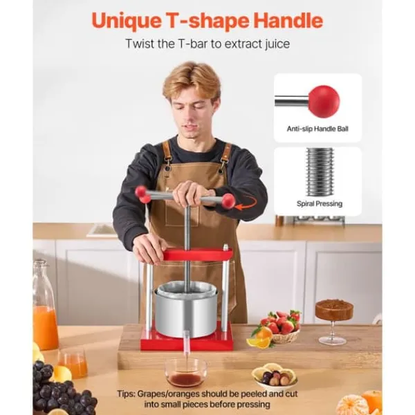 Frugtvinpresse, Manuel Presse til Vinfremstilling, 0,8 Gal/3L, Rustfrit Stål New