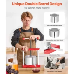 Frugtvinpresse, Manuel Presse til Vinfremstilling, 0,8 Gal/3L, Rustfrit Stål New