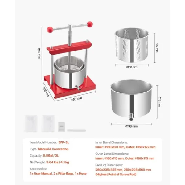 Frugtvinpresse, Manuel Presse til Vinfremstilling, 0,8 Gal/3L, Rustfrit Stål New