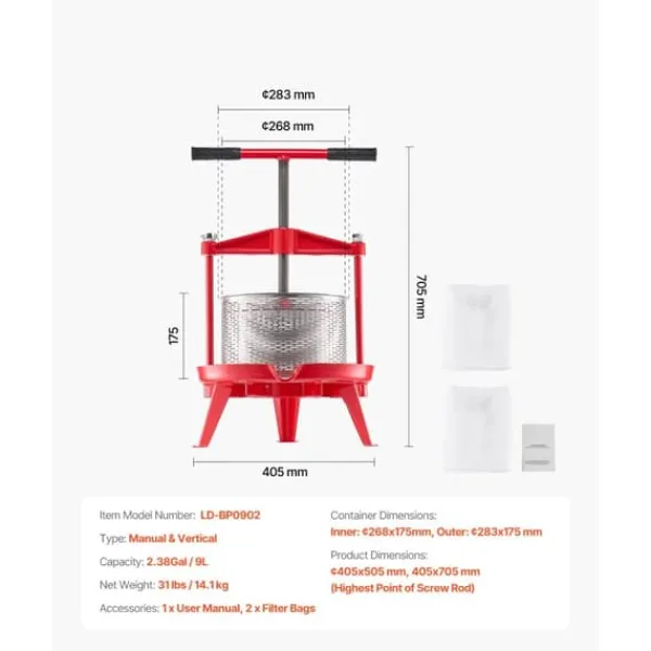 Juicepresser - Nyd Friskpresset Juice Derhjemme>Frugtvinpresse, Rustfrit Stål, Manuel Saftpresser,9L