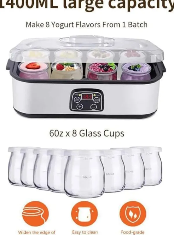 Yogurtmaskiner>Fuleadture elektrisk yoghurtmaskine, LCD-skærm, timer og temperaturindstilling, 8 glas à 1400 ml, 25 W