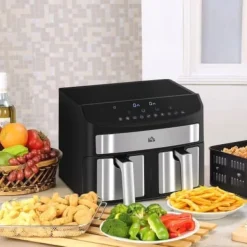 Fuleadture 8L Airfryer med dobbeltkammer, Air Fryer 10 programmer, berøringskontrol og opskrifter sort Clearance