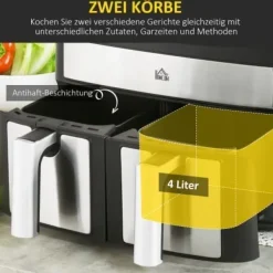 Fuleadture 8L Airfryer med dobbeltkammer, Air Fryer 10 programmer, berøringskontrol og opskrifter sort Clearance