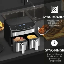 Fuleadture 8L Airfryer med dobbeltkammer, Air Fryer 10 programmer, berøringskontrol og opskrifter sort Clearance