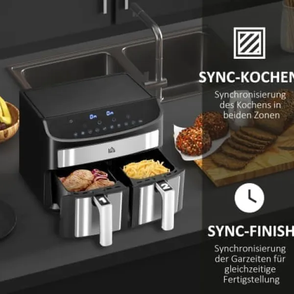 Fuleadture 8L Airfryer med dobbeltkammer, Air Fryer 10 programmer, berøringskontrol og opskrifter sort Clearance