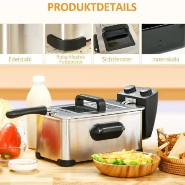 Fritøse>Fuleadture 3L frituregryde med termostat, 60 minutters timer, overophedningsbeskyttelse og aftagelig olietank
