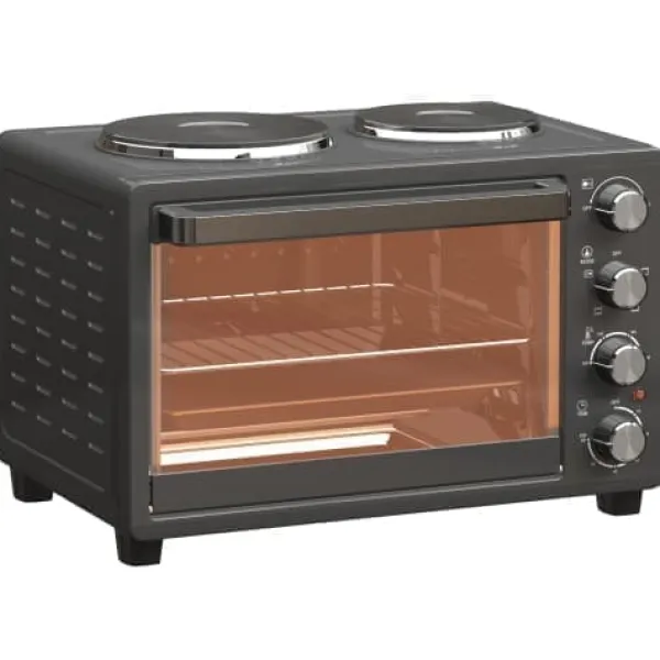 Grill-Ovne & Ovn Med Roterende Stegespyd>Fuleadture Mini Ovn 28L med 2 Warmhalte Plader og Krümelblech, 2600W, Timer, Sort